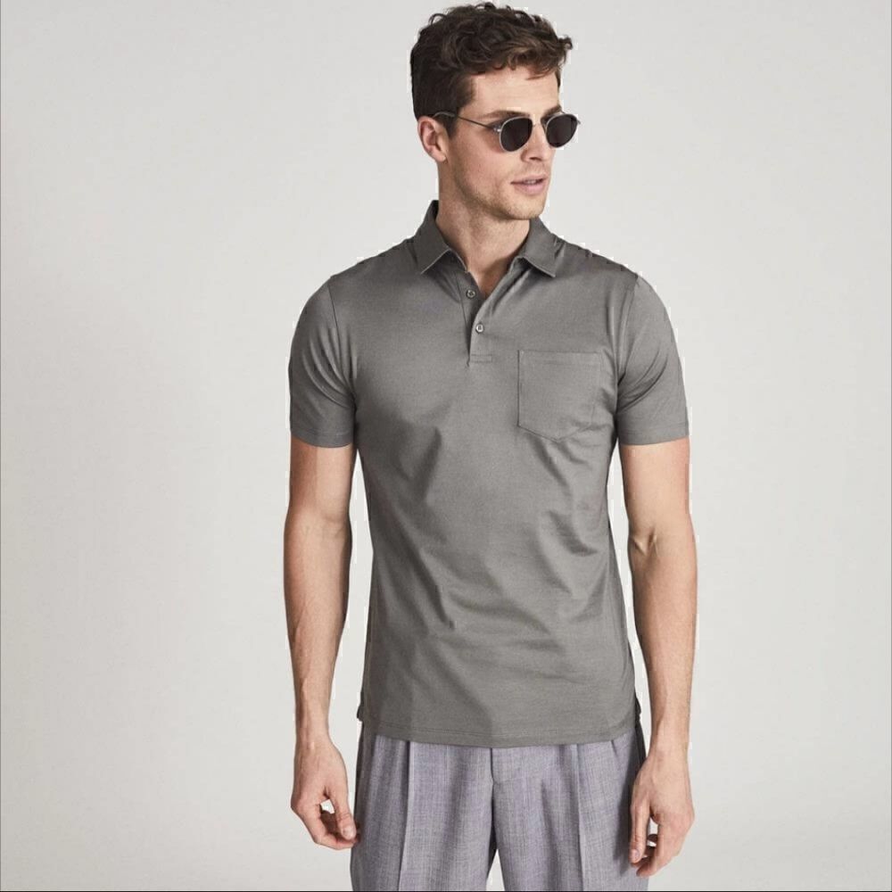 REISS Men's Elliot Egyptian Cotton Sage Green Pocket Polo T-Shirt Size XL
